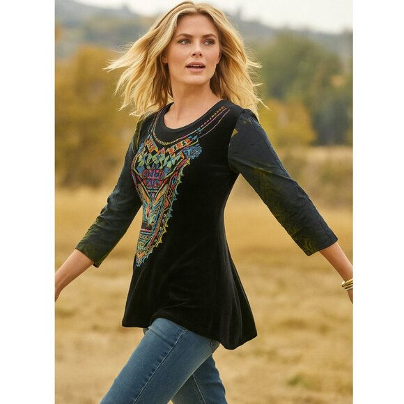 Calessa Tunic Top Velvet Embroidered Boho Art-to-Wear Whimsigoth size L Western - Picture 1 of 13